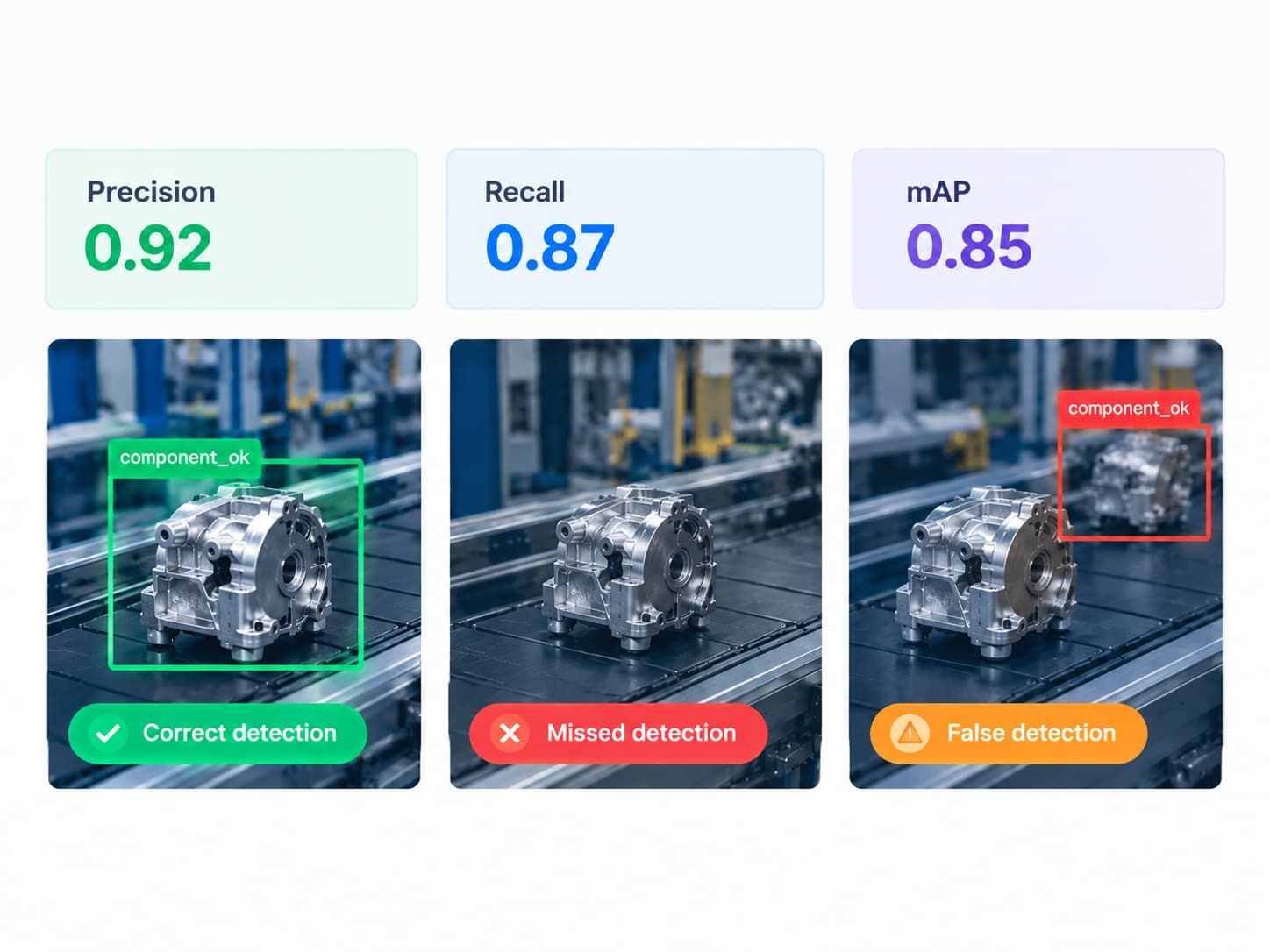 Object detection model evaluation showing precision, recall, and mAP scores alongside examples of correct, missed, and false detections on industrial components.
