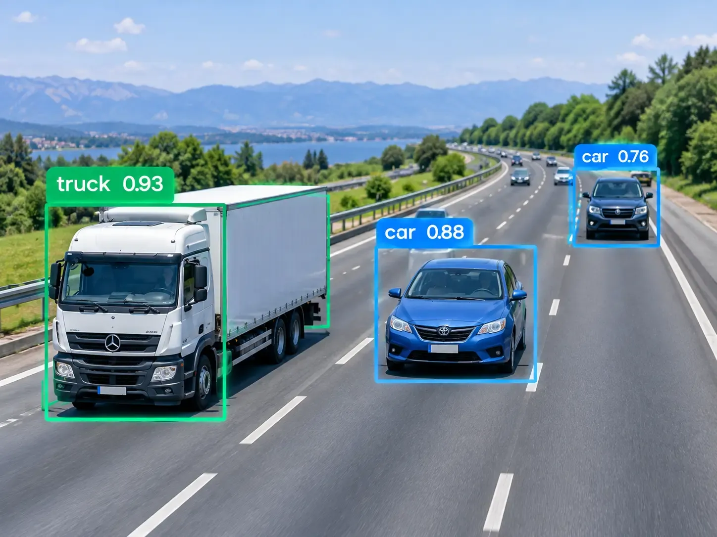 Object detection identifying a truck and cars on a highway using bounding boxes and confidence scores.