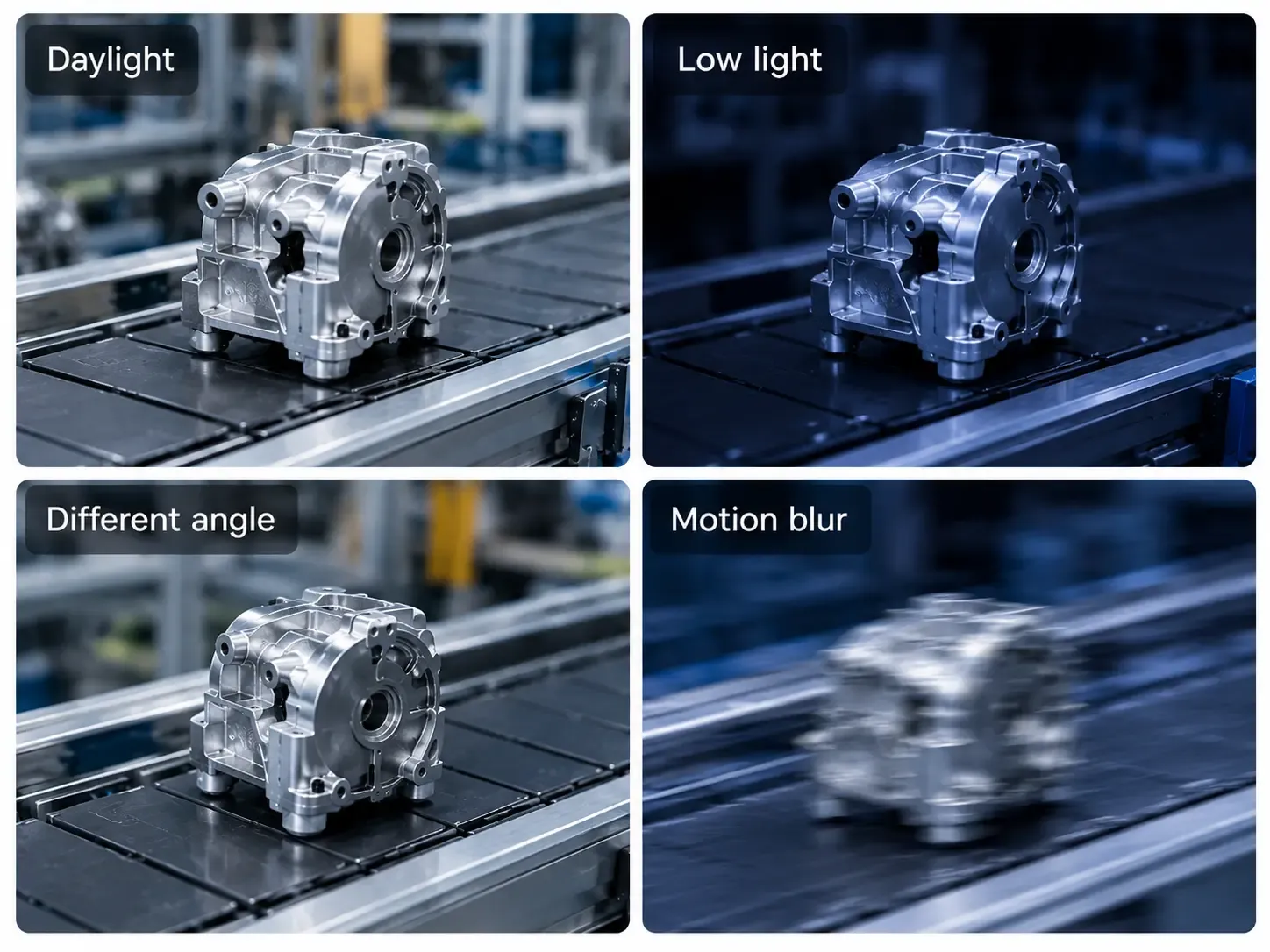 Four video frames showing the same industrial component under different conditions: daylight, low light, a different viewing angle, and motion blur.